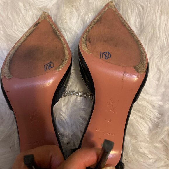 Amina Muaddi Ursina Black Patent Leather Crystal Heeled Shoes - Picture 4 of 8